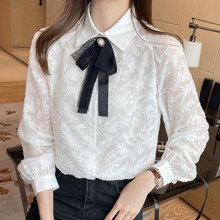 Long-sleeve Bow-front Lace Shirt