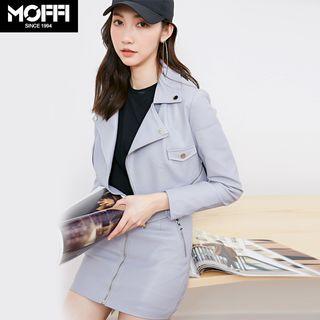 Set: Cropped Faux Leather Biker Jacket + Zip A-line Skirt