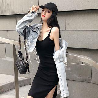 Distressed Denim Jacket / Side Slit Spaghetti Strap Dress