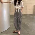 Tie-front Short Sleeve Cropped Top / Striped Wide Leg Pants