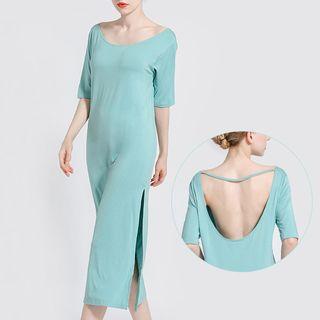 Open-back Elbow-sleeve Midi Sleep Dress