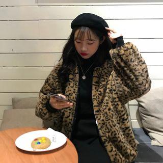 Leopard Pattern Fleece Zip Jacket As Shown In Figure - One Size