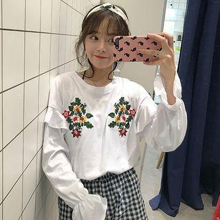 Embroidered Frill Trim Long-sleeve T-shirt