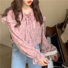 Long-sleeve Tie-neck Floral Print Ruffled Blouse Floral - Green & Pink - One Size