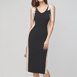 Sleeveless Contrast Panel Sheath Dress Black - One Size