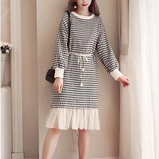 Houndstooth Long-sleeve Mesh Hem Dress