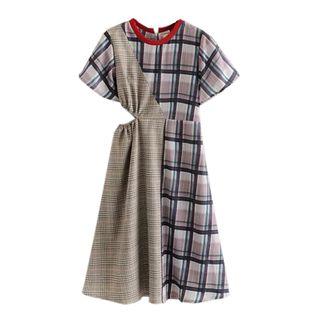 Short-sleeve Plaid Cutout Midi A-line Dress