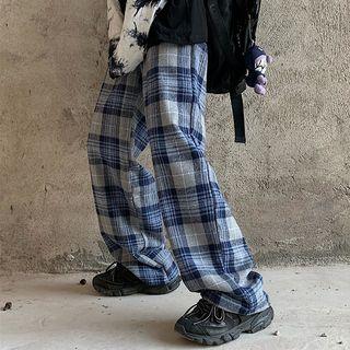 Drawstring Plaid Straight-cut Pants