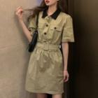 Elbow-sleeve Mini A-line Shirtdress As Shown In Figure - One Size