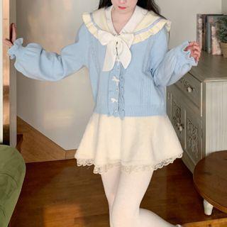 Sailor Collar Frill Trim Bow Cardigan
