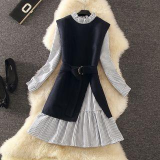 Set: Long-sleeve Striped A-line Dress + Split Hem Vest