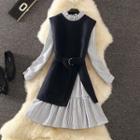 Set: Long-sleeve Striped A-line Dress + Split Hem Vest