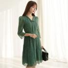 Bell-sleeve Patterned Chiffon Dress With String
