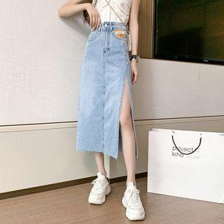 Frayed Slit Midi A-line Denim Skirt