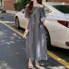 Puff-sleeve Cold-shoulder Gingham Maxi A-line Dress