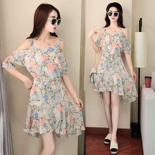 Cutout Printed Ruffled Chiffon Dress