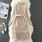 Long-sleeve Mesh Panel Midi A-line Knit Dress