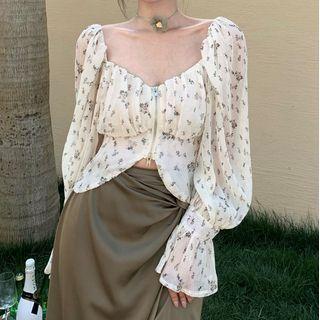 Puff-sleeve Floral Print Blouse / Midi Skirt