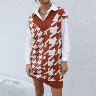 V-neck Sleeveless Houndstooth Print Knit Dress