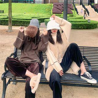 Shearling Vest / Long-sleeve Mock Neck Knit Top / High-waist Velvet Pants