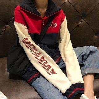 Color Block Lettering Half-zip Pullover As Shown In Figure - One Size