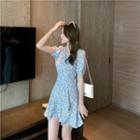 Puff-sleeve V-neck Asymmetric Floral Dress