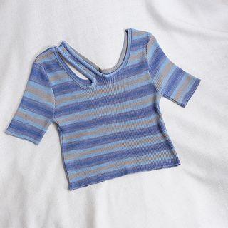 Short-sleeve Irregular Striped Knit Top