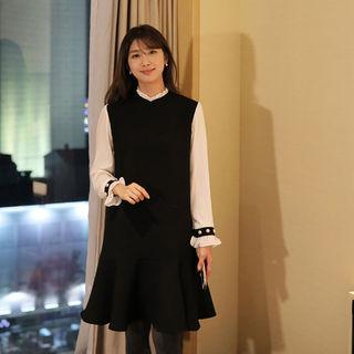 Inset Pleated Blouse Ruffle-hem Dress