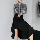 Mock-neck Patterned Knit Top / Asymmetrical Midi A-line Skirt