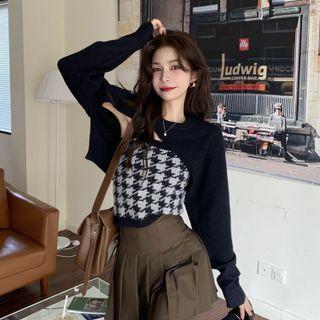 Set: Cropped Sweater + Houndstooth Knit Camisole Top