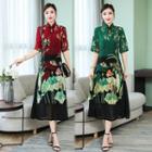 Traditional Chinese Elbow-sleeve Floral A-line Midi Dress