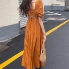 Open-back Puff-sleeve Midi A-line Dress Persimmon Color - One Size