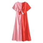 Short-sleeve V-neck Two-tone Midi A-line Dress