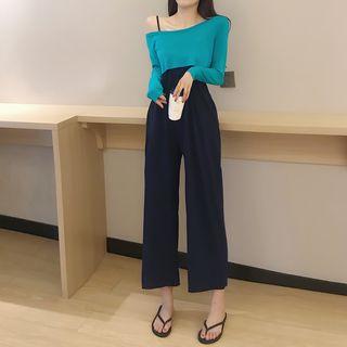 Set: Cropped Spaghetti Strap Jumpsuit + Plain Long-sleeve T-shirt Jumpsuit - Black - One Size / T-shirt - Bluish Green - One Size
