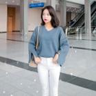 V-neck Slit-sleeve Loose-fit Knit Top