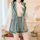 Tweed Button Vest / A-line Skirt / Blouse / Set