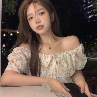 Off-shoulder Floral Print Blouse Floral - Pink & White - One Size