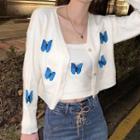 Set: Butterfly Embroidered Cropped Cardigan + Knit Camisole Top