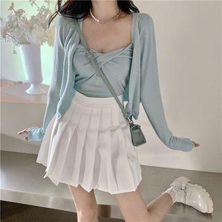 Long-sleeve Sheer Cardigan / Knotted Camisole Top / High-waist A-line Accordion Pleat Mini Skirt