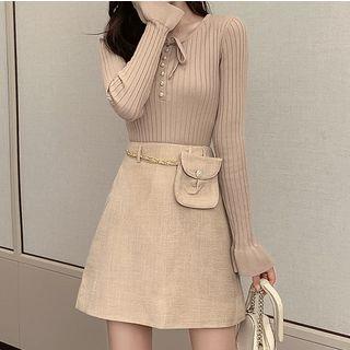 Long-sleeve Ruffled Knit Top / Mini A-line Skirt / Belt Bag / Set