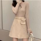 Long-sleeve Ruffled Knit Top / Mini A-line Skirt / Belt Bag / Set