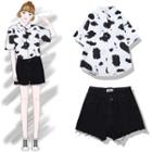 Short-sleeve Cow Print Shirt / Fray Hem Denim Shorts