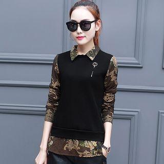 Mock Two Piece Floral Print Collared Long Sleeve Top