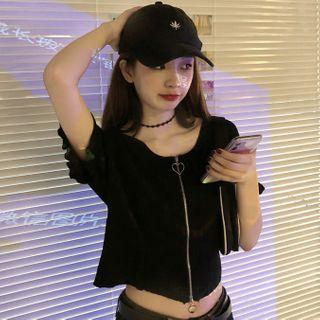 Short-sleeve Cropped Zip-up Cardigan
