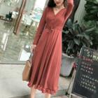 Long-sleeve Tie-waist Midi A-line Knit Dress
