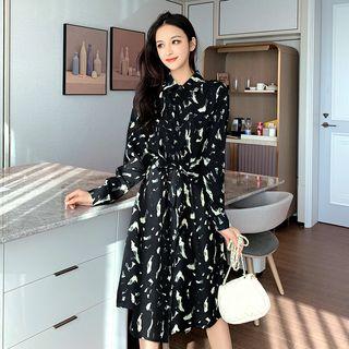 Tie-waist Printed Single-breasted Midi Dress