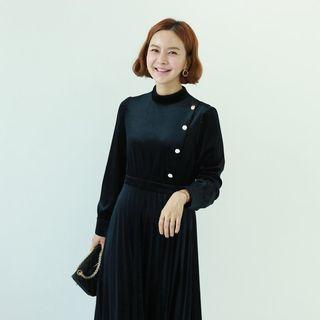 Accordion-pleats Buttoned Velvet Midi Dress