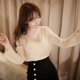 Set: Button-back Sheer Blouse + Camisole Top