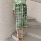 Pocket-side Linen Long Plaid Skirt
