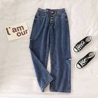 Single-breasted Distressed High-waist Denim Pants